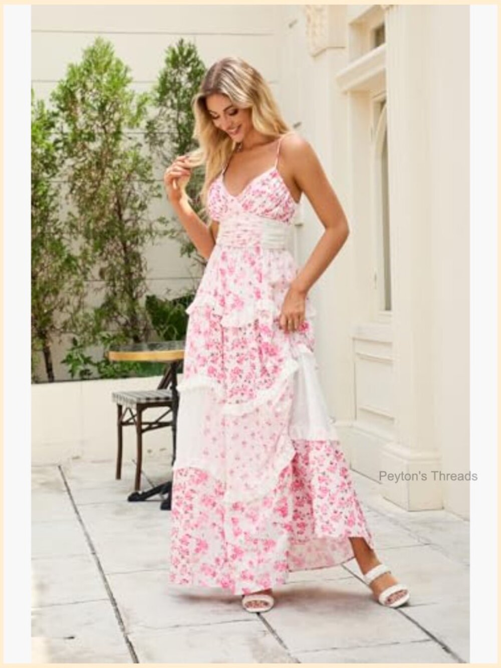 Boho Floral Maxi Dress Spaghetti Strap V-Neck Patchwork Flowy Summer Fall - Picture 6 of 7